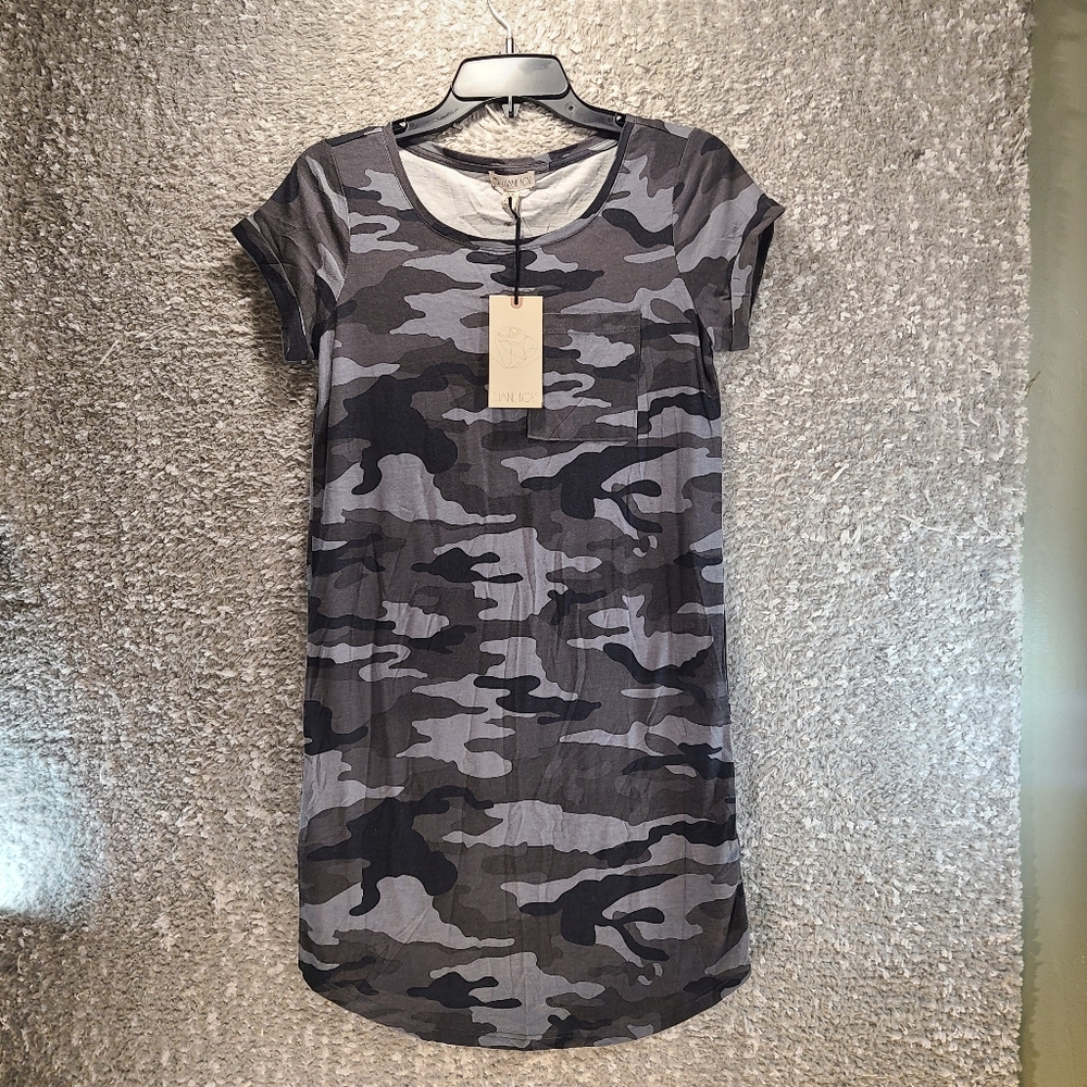 Eliane Rose Camo Print Pocket T-Shirt Dress XS‎ Cotton Modal NWT.